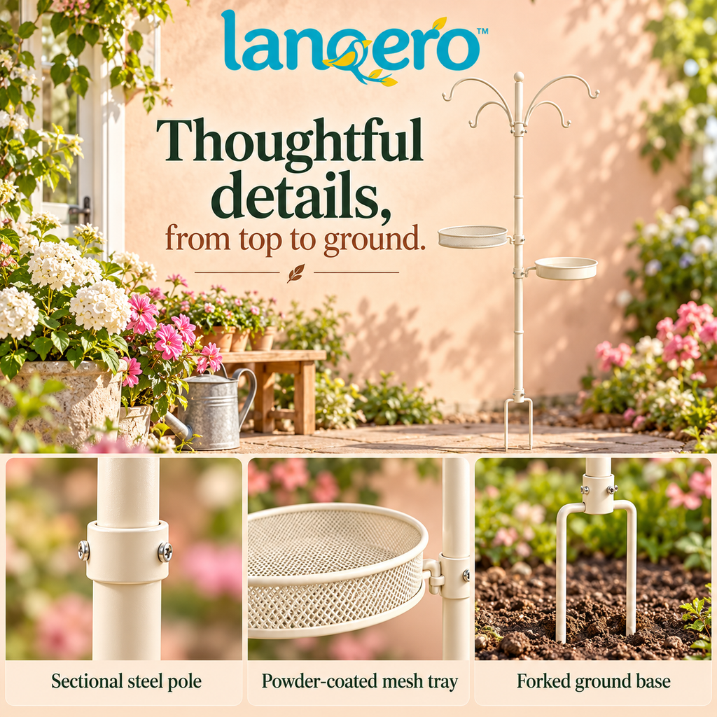 lanqero™ YardGather Bird Feeding Station, 85-Inch Steel Pole with 4 Hanging Hooks, Mesh Seed Tray & Removable Water Dish