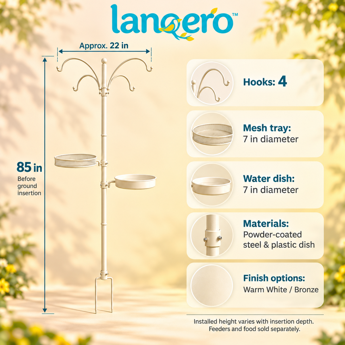 lanqero™ YardGather Bird Feeding Station, 85-Inch Steel Pole with 4 Hanging Hooks, Mesh Seed Tray & Removable Water Dish