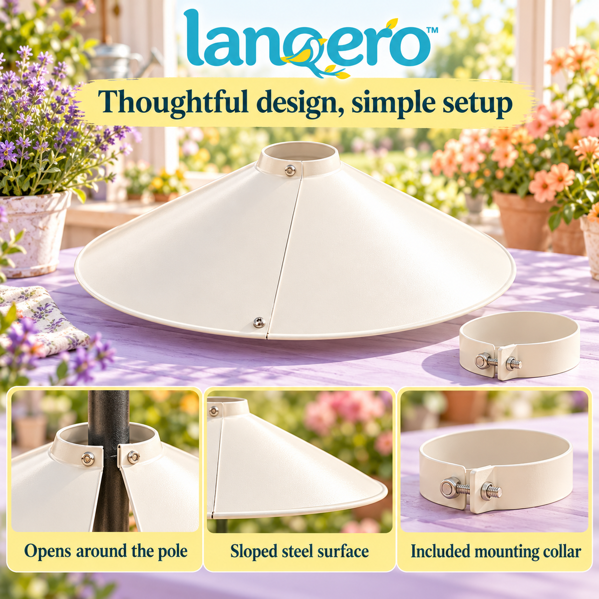 lanqero™ CurveShield 18-Inch Squirrel Baffle for Bird Feeder Poles, Wraparound Metal Guard with Mounting Collar