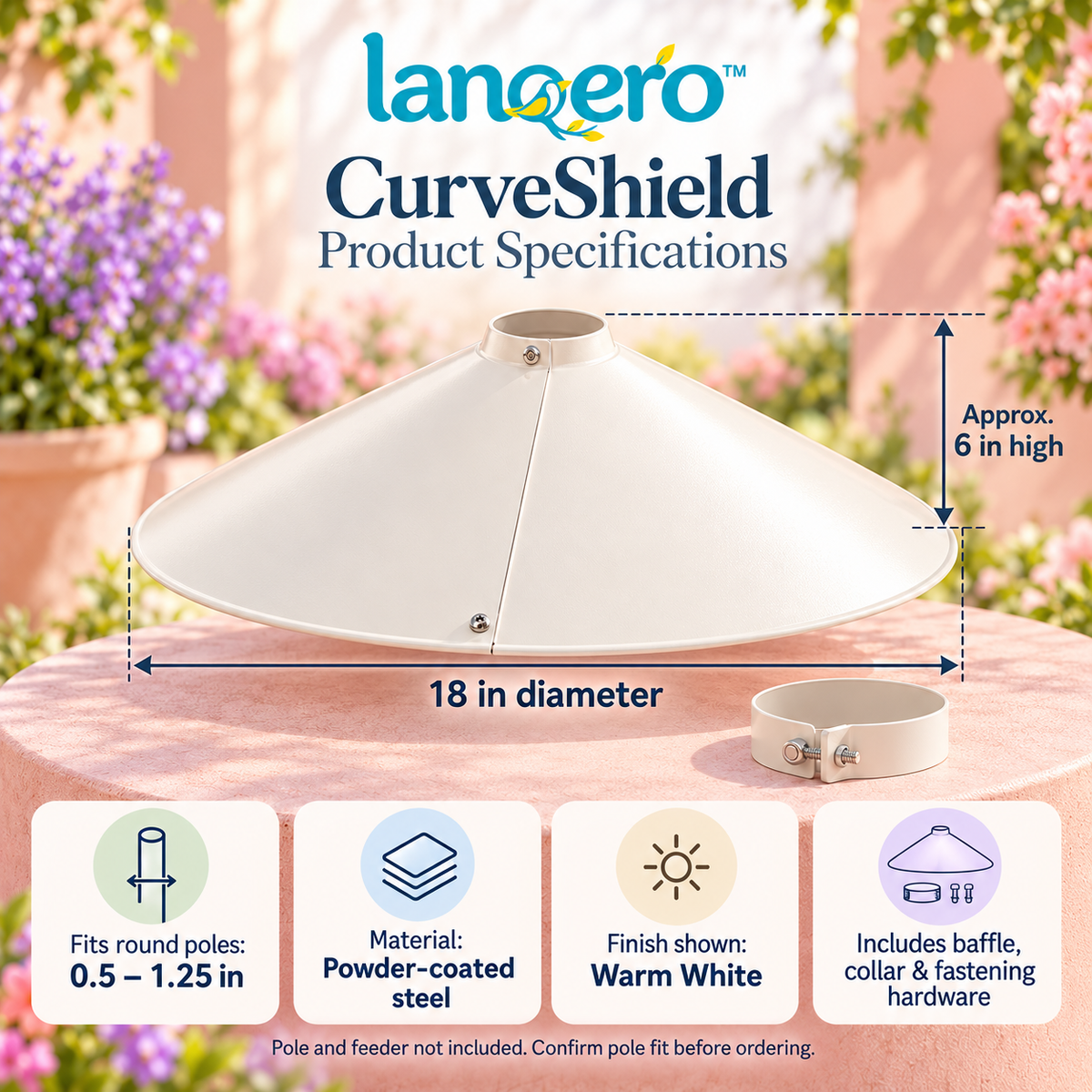 lanqero™ CurveShield 18-Inch Squirrel Baffle for Bird Feeder Poles, Wraparound Metal Guard with Mounting Collar