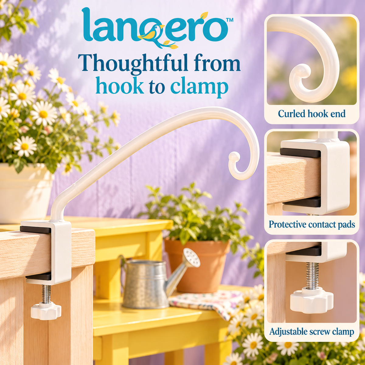 lanqero™ RailReach Clamp-On Deck Hook, 24-Inch Steel Bird Feeder Hanger with Adjustable Railing Mount