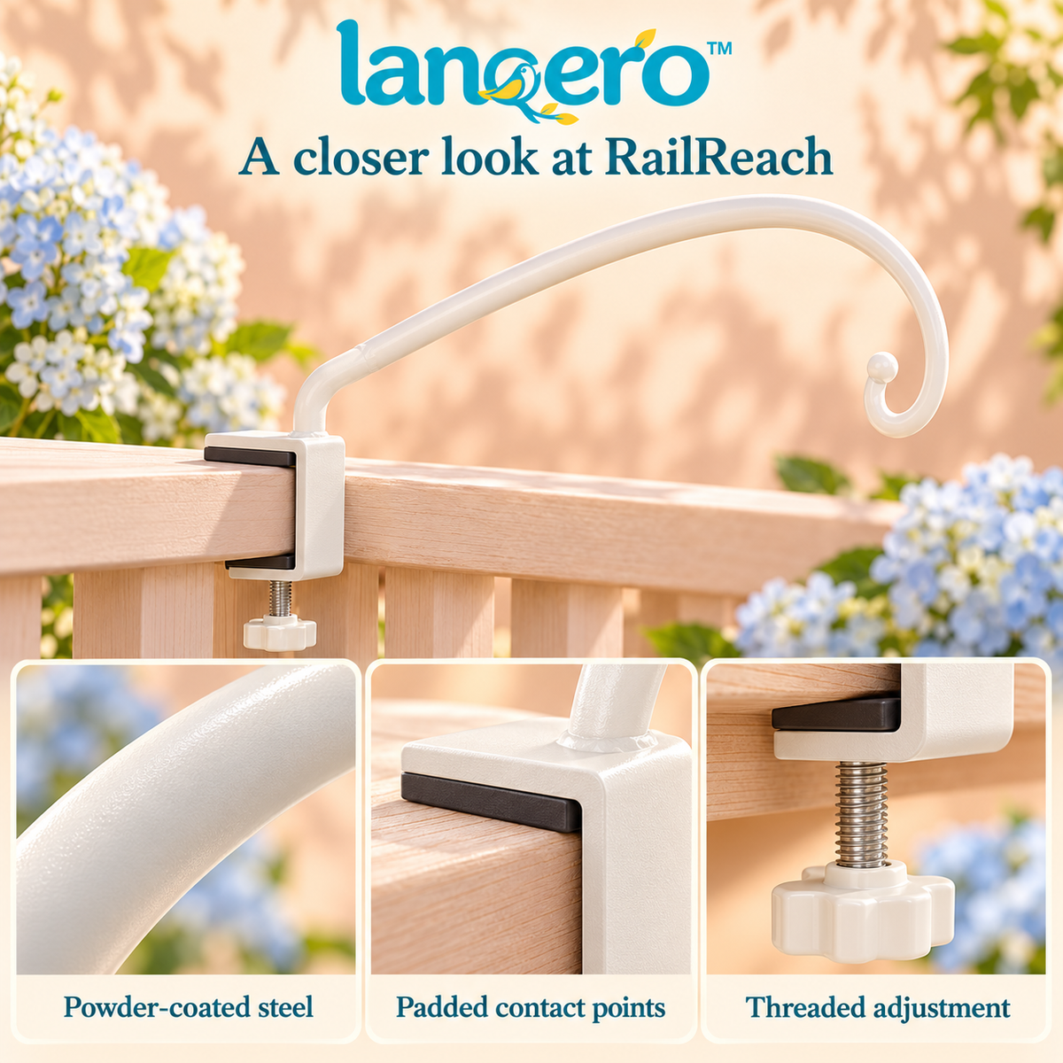 lanqero™ RailReach Clamp-On Deck Hook, 24-Inch Steel Bird Feeder Hanger with Adjustable Railing Mount