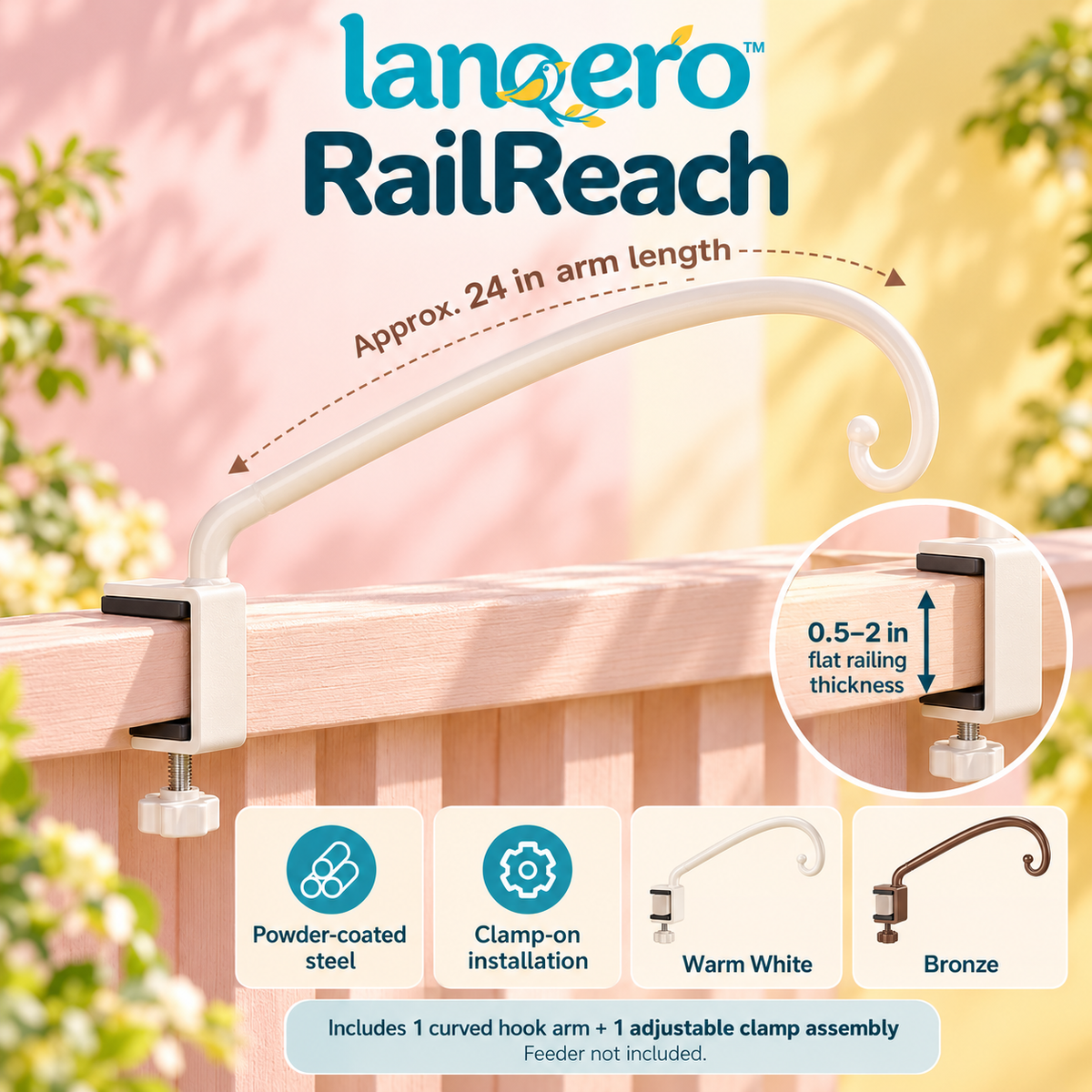 lanqero™ RailReach Clamp-On Deck Hook, 24-Inch Steel Bird Feeder Hanger with Adjustable Railing Mount
